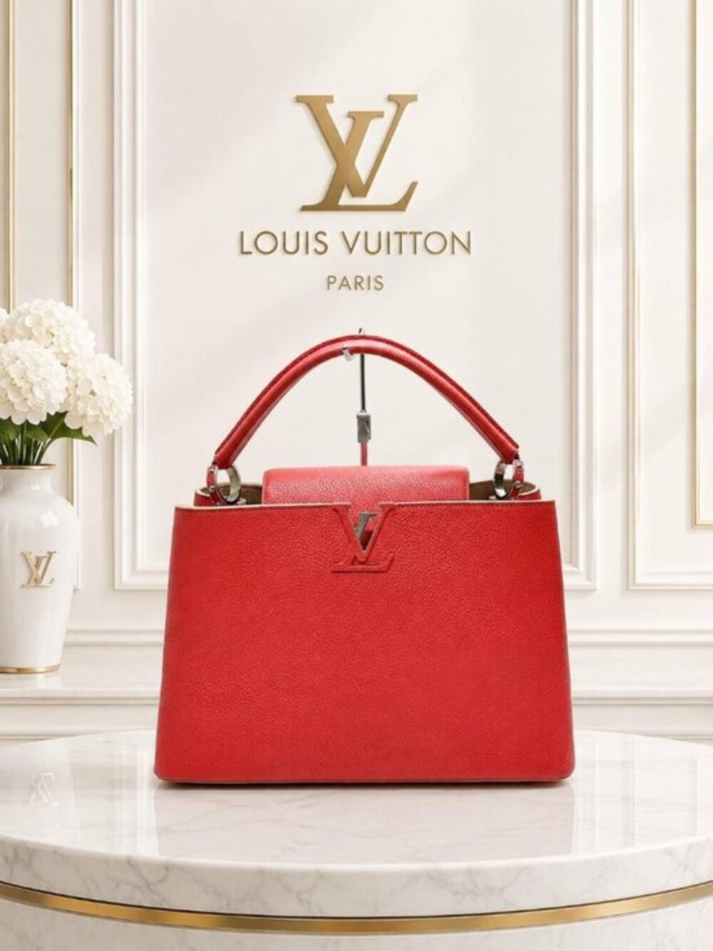 Authentic Louis Vuitton Capucines MM Red Leather Shoulder Bag